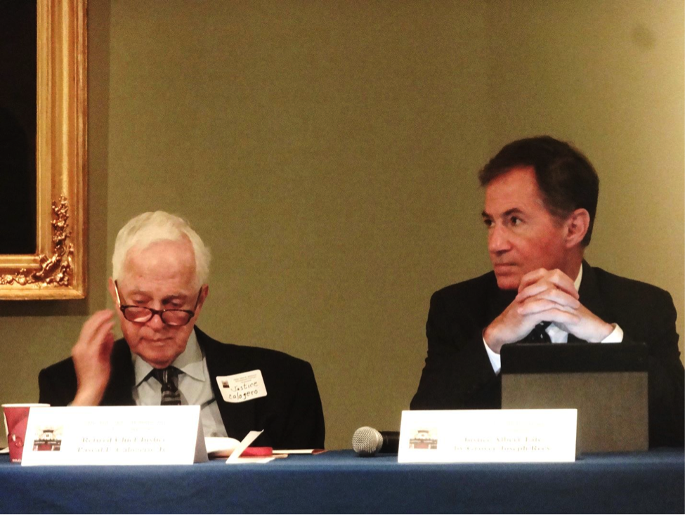 Retired Chief Justice Pascal F. Calogero, Jr. and Grover Joseph Rees, III, United States Ambassador (Retired) listen to a lecture during the LSBA Francophone Section’s symposium commemorating the Louisiana Supreme Court’s Bicentennial.